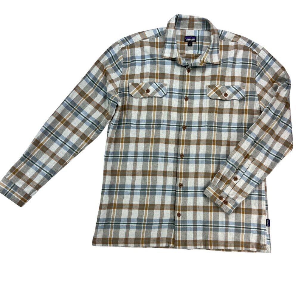 Men's Patagonia 100% Organic Cotton Flannel Button Up Brown/White/Blue Size XL